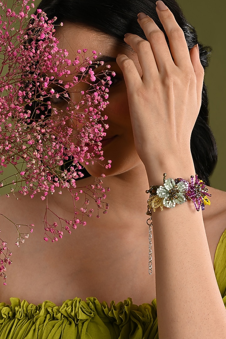 Gold Finish Multi-Colored Crystal Floral Bracelet by House of D'oro at Pernia's Pop Up Shop