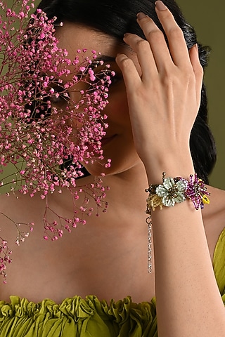 Gold Finish Multi-Colored Crystal Floral Bracelet by House of D'oro
