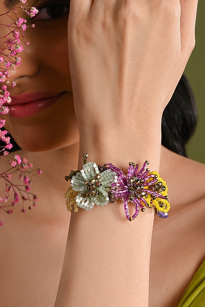 Gold Finish Multi-Colored Crystal Floral Bracelet by House of D'oro at Pernia's Pop Up Shop