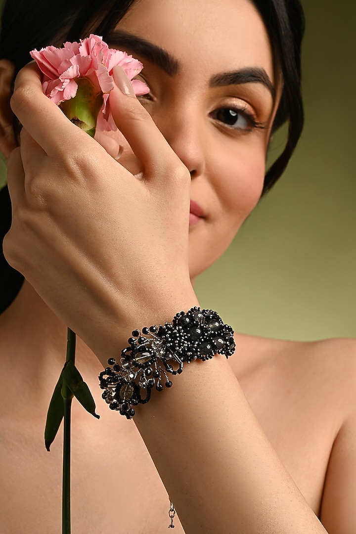 Gold Finish Black Quartz Floral Bracelet by House of D'oro at Pernia's Pop Up Shop