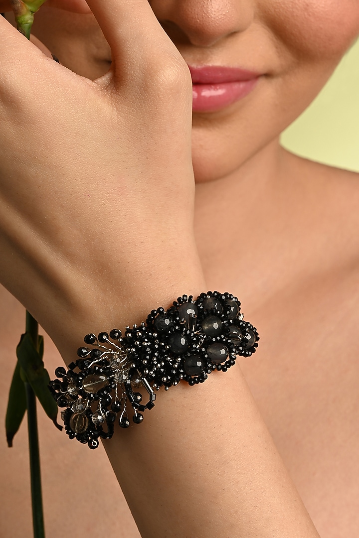 Gold Finish Black Quartz Floral Bracelet by House of D'oro at Pernia's Pop Up Shop
