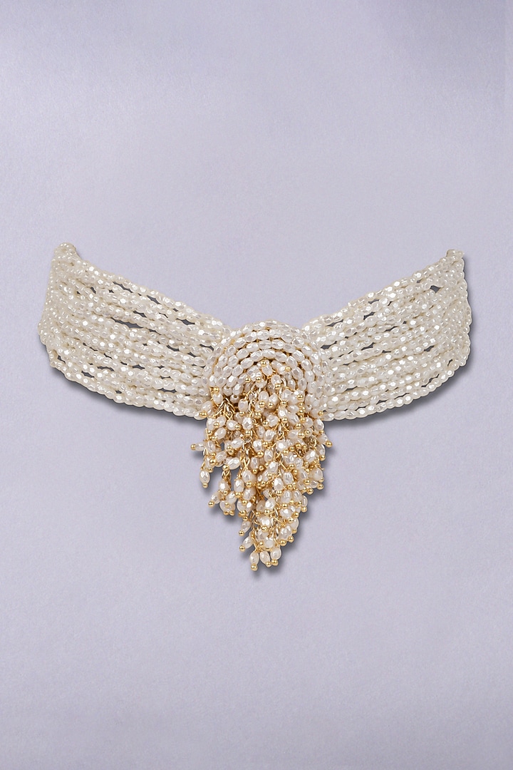 Gold Finish White & Beige Pearl Handcrafted Choker Necklace Set by House of D'oro at Pernia's Pop Up Shop