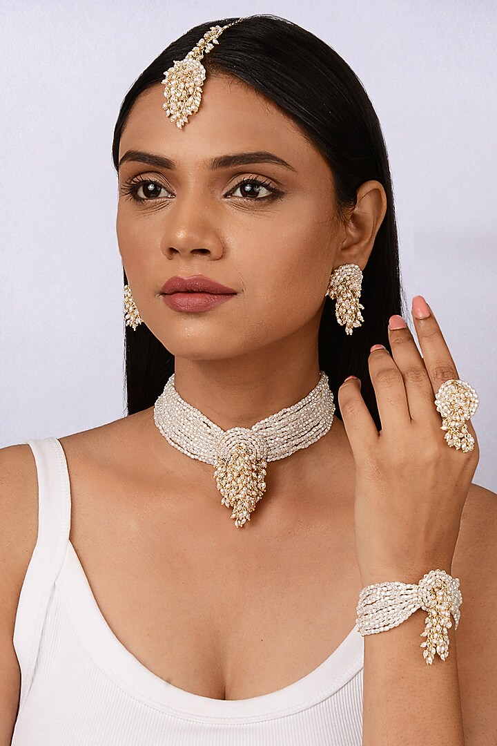 Gold Finish White Beige Pearl Handcrafted Choker Necklace Set by House of  D'oro at Pernia's Pop Up Shop