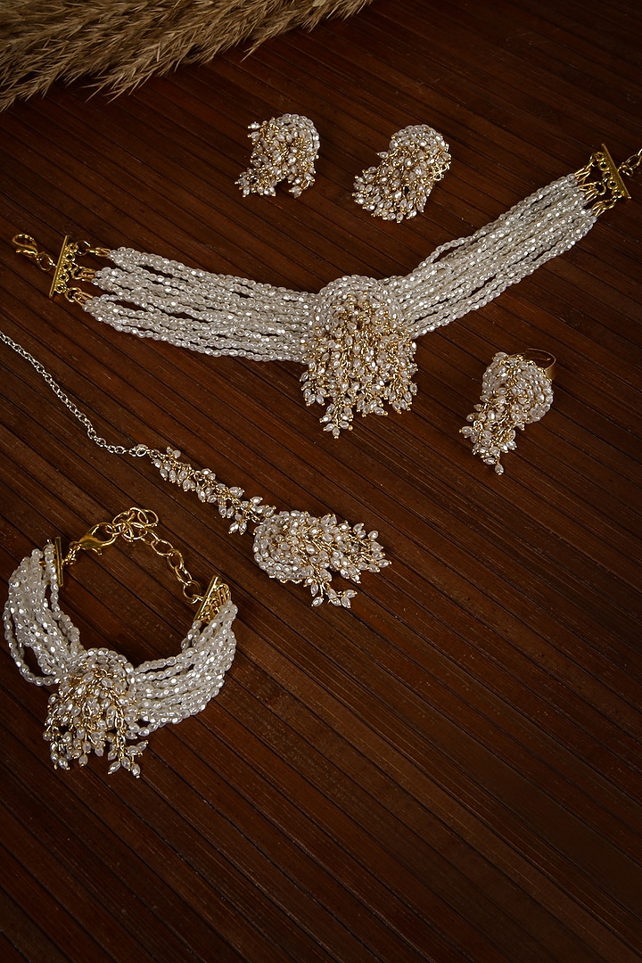 Gold Finish White & Beige Pearl Handcrafted Choker Necklace Set by House of D'oro at Pernia's Pop Up Shop