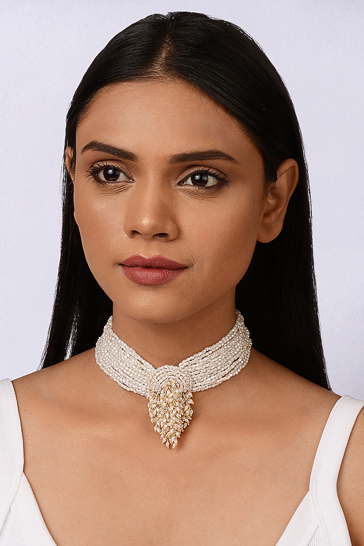 Gold Finish White & Beige Pearl Handcrafted Choker Necklace Set by House of D'oro at Pernia's Pop Up Shop