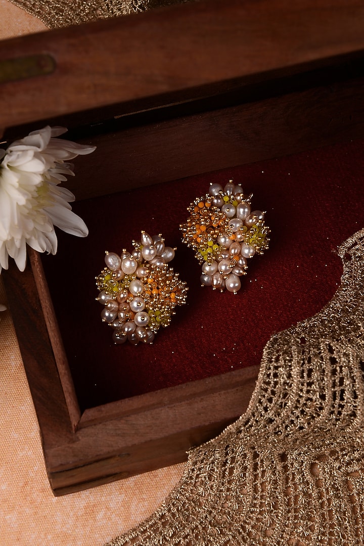 Gold Finish Pearl Stud Earrings With Glass Beads by House of D'oro at  Pernia's Pop Up Shop