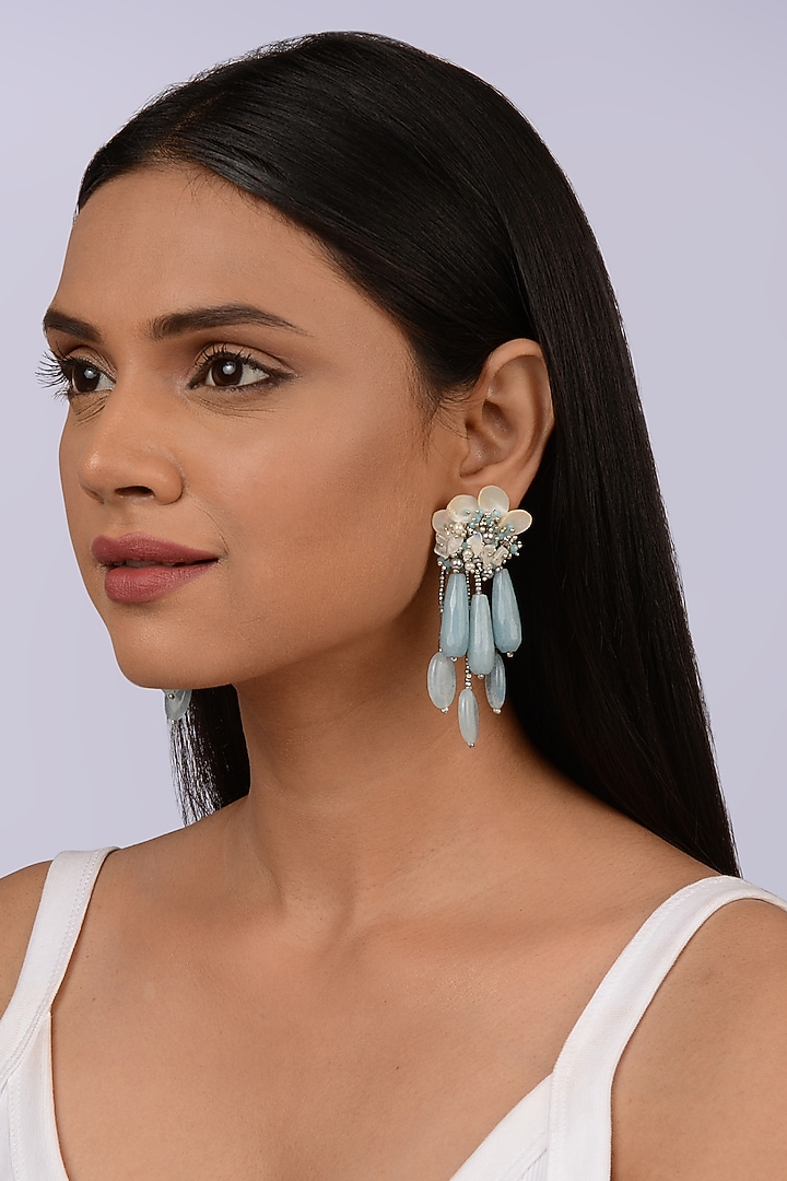 Aqua & White Glass Beads Stud Earrings by House of D'oro at Pernia's Pop Up Shop