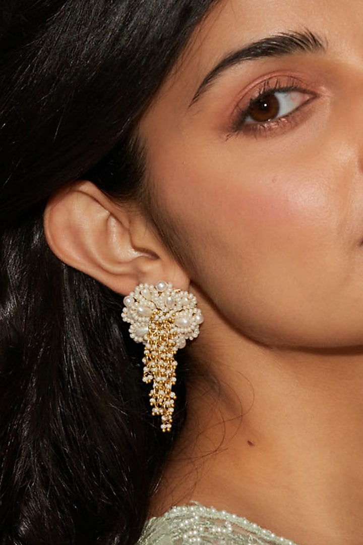 Gold Finish Pearl Stud Earrings by House of D'oro at Pernia's Pop Up Shop