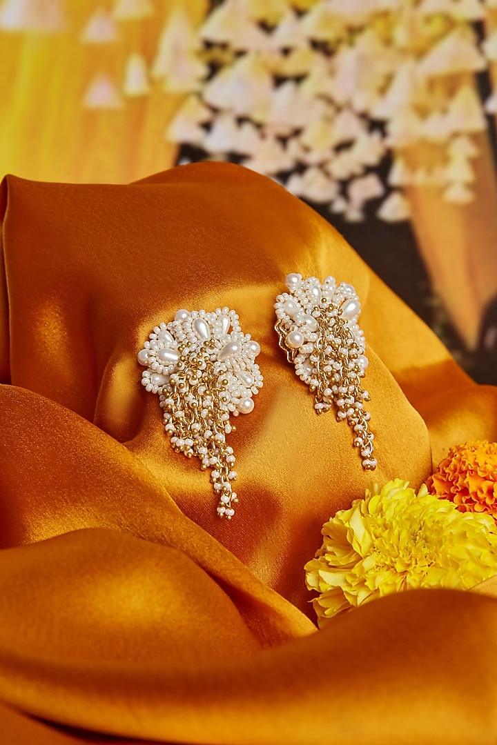 Gold Finish Pearl Stud Earrings by House of D'oro at Pernia's Pop Up Shop