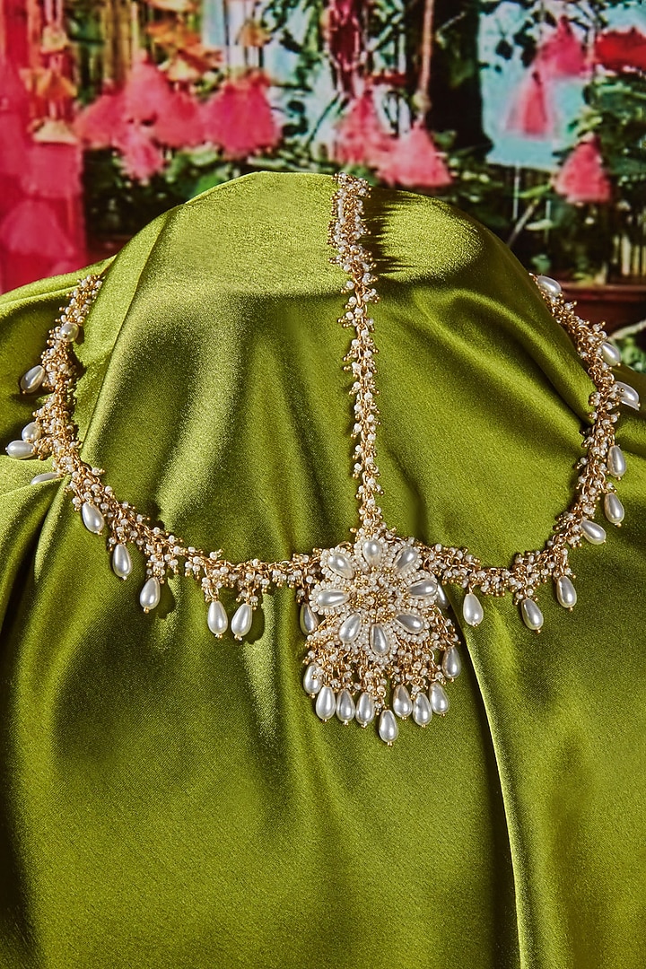 Gold Finish Handcrafted Pearls & Beads Maang Tikka by House of D'oro at Pernia's Pop Up Shop