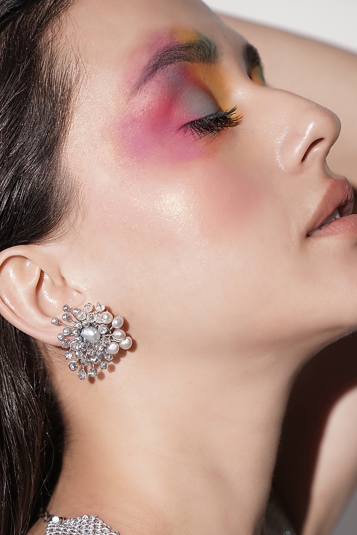 Gold Finish Pearl & Beaded Stud Earrings by House of D'oro at Pernia's Pop Up Shop