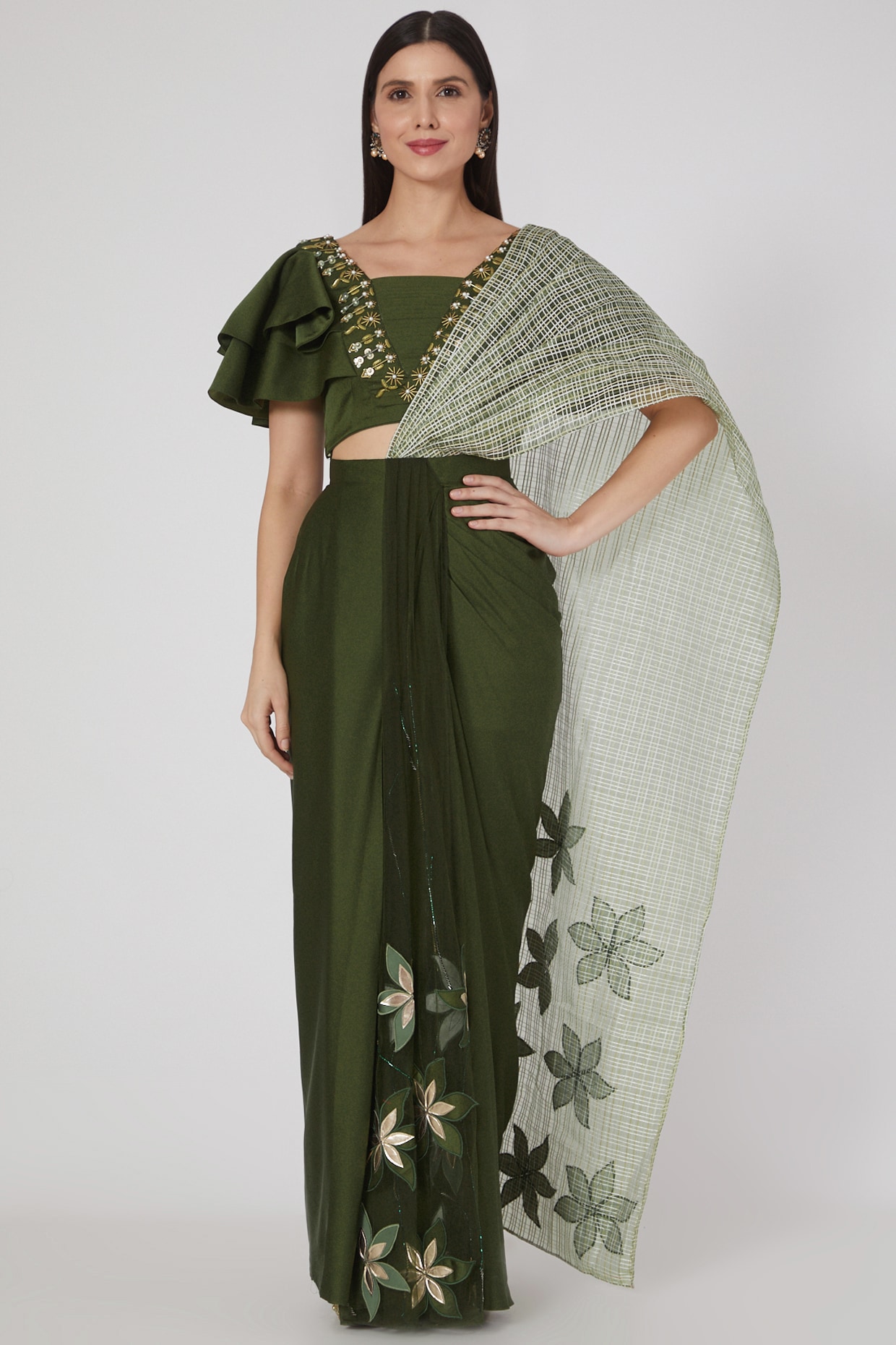 Designer Olive Green Chiffon Saree Unstitched | PinkShop