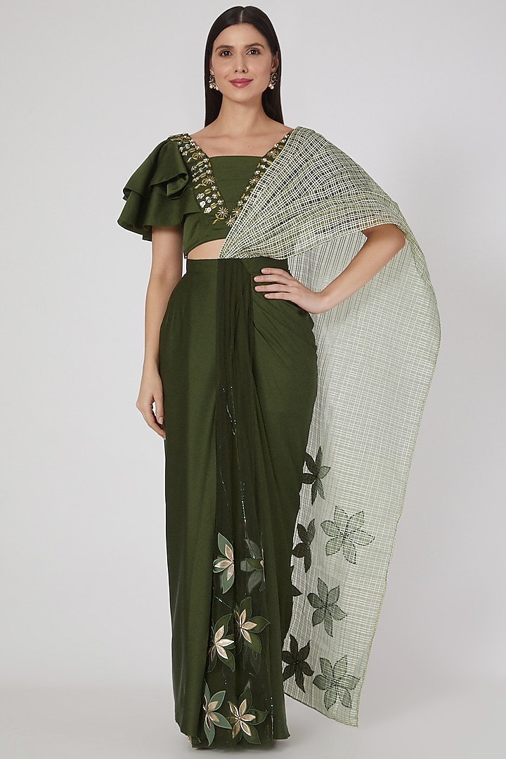 Olive Green & Golden Applique Embroidered Draped Saree Set by Design O Stitch