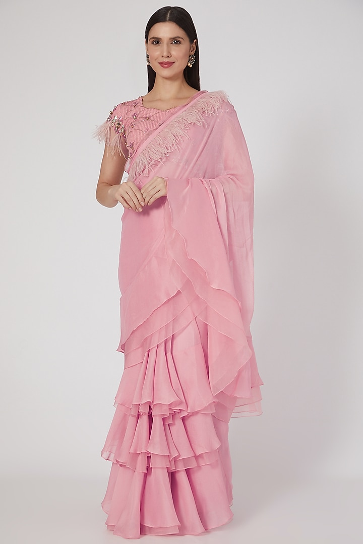 Blush Pink Ruffled Saree With Embroidered Blouse by Design O Stitch