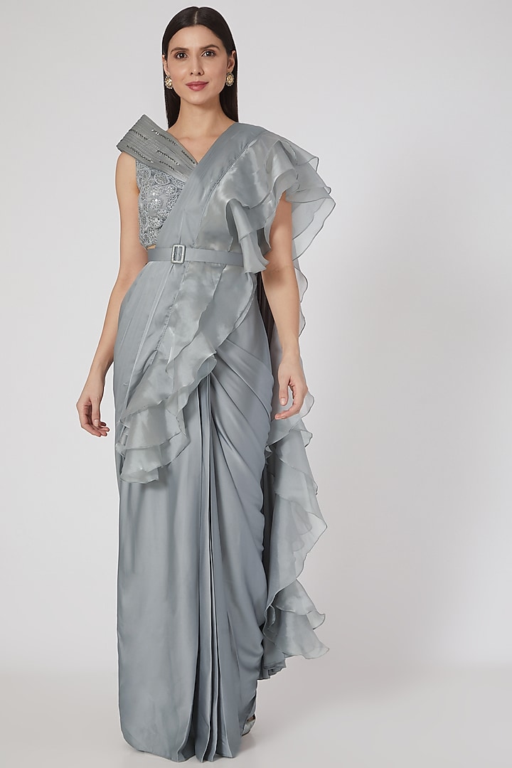 Grey & Silver Silk Satin Ruffled Saree Set by Design O Stitch