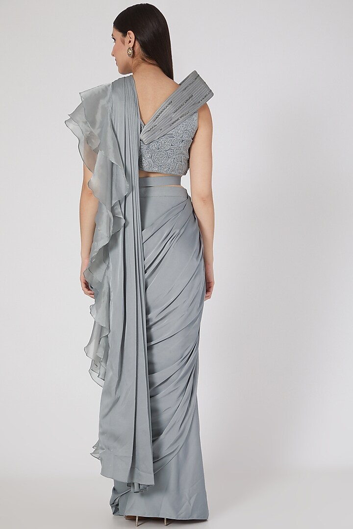 Grey & Silver Silk Satin Ruffled Party Wear Saree Set by Design O Stitch at Pernia's Pop Up Shop