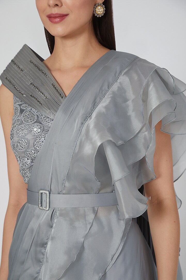 Grey & Silver Silk Satin Ruffled Party Wear Saree Set by Design O Stitch at Pernia's Pop Up Shop