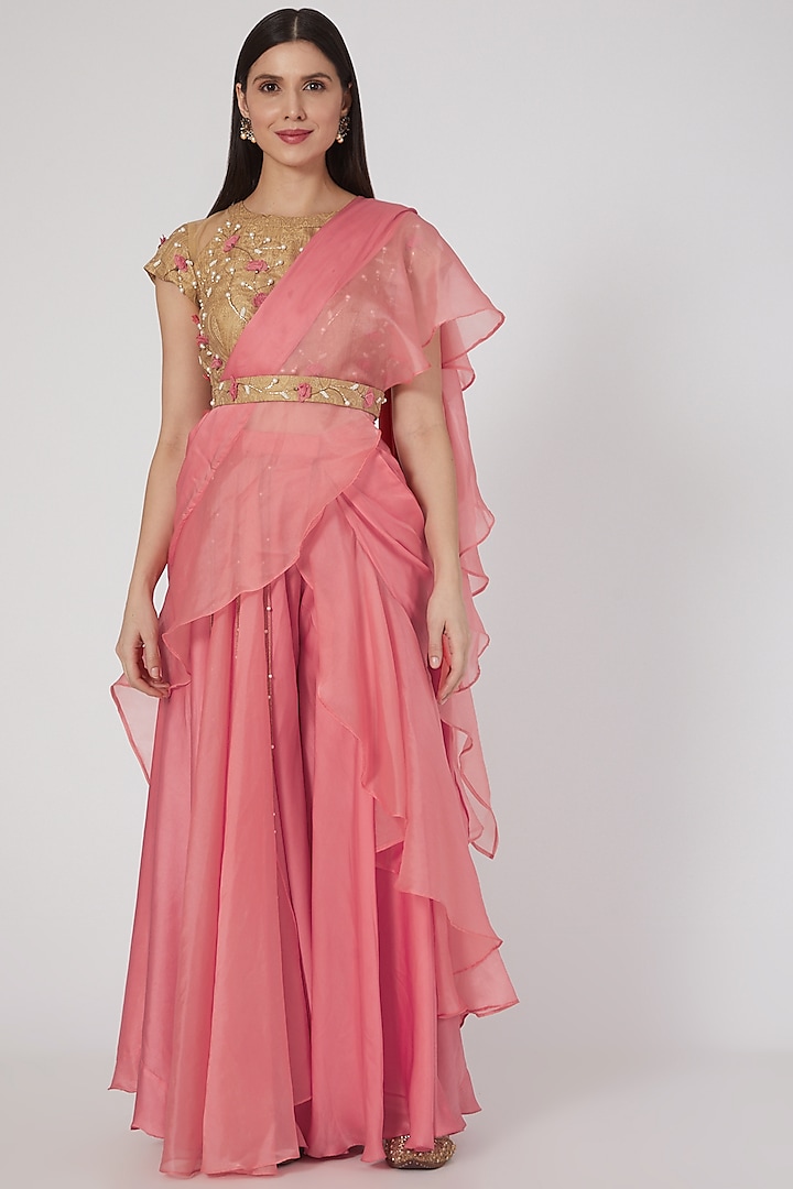 Blush Pink Satin & Brocade Tassel Embroidered Ruffled Saree Set by Design O Stitch