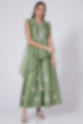 Pastel Green Embroidered Flared Jumpsuit by Design O Stitch
