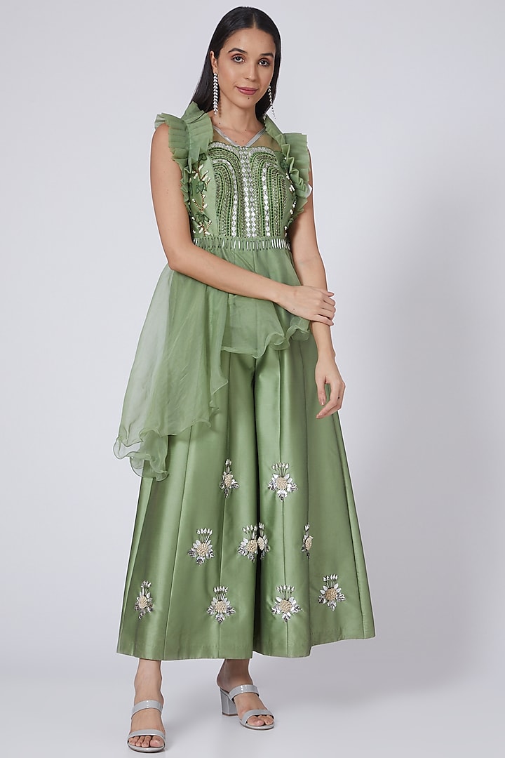 Pastel Green Embroidered Flared Jumpsuit by Design O Stitch