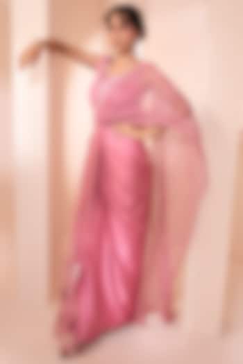 Blush Pink Embroidered Draped Saree Set by Design O Stitch