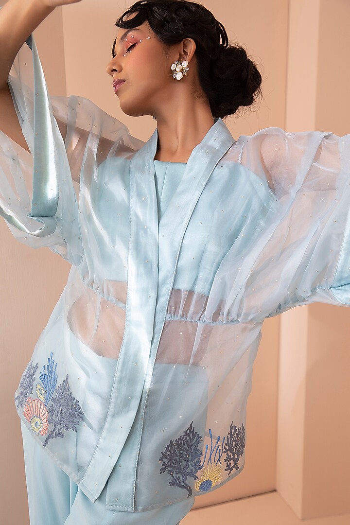 Sky Blue Satin Flared Pant Set by Design O Stitch at Pernia's Pop Up Shop