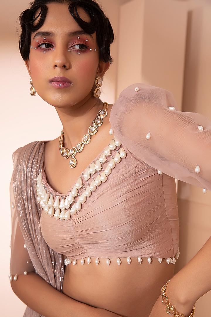 Gold Sheer Draped Cowl Wedding Saree Set by Design O Stitch at Pernia's Pop Up Shop