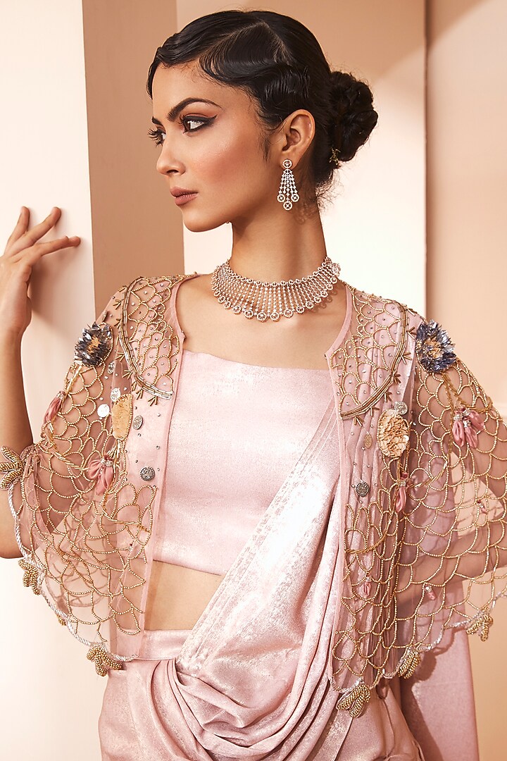 Dusty Gold Pre-Stitched Embellished Wedding Saree Set by Design O Stitch at Pernia's Pop Up Shop
