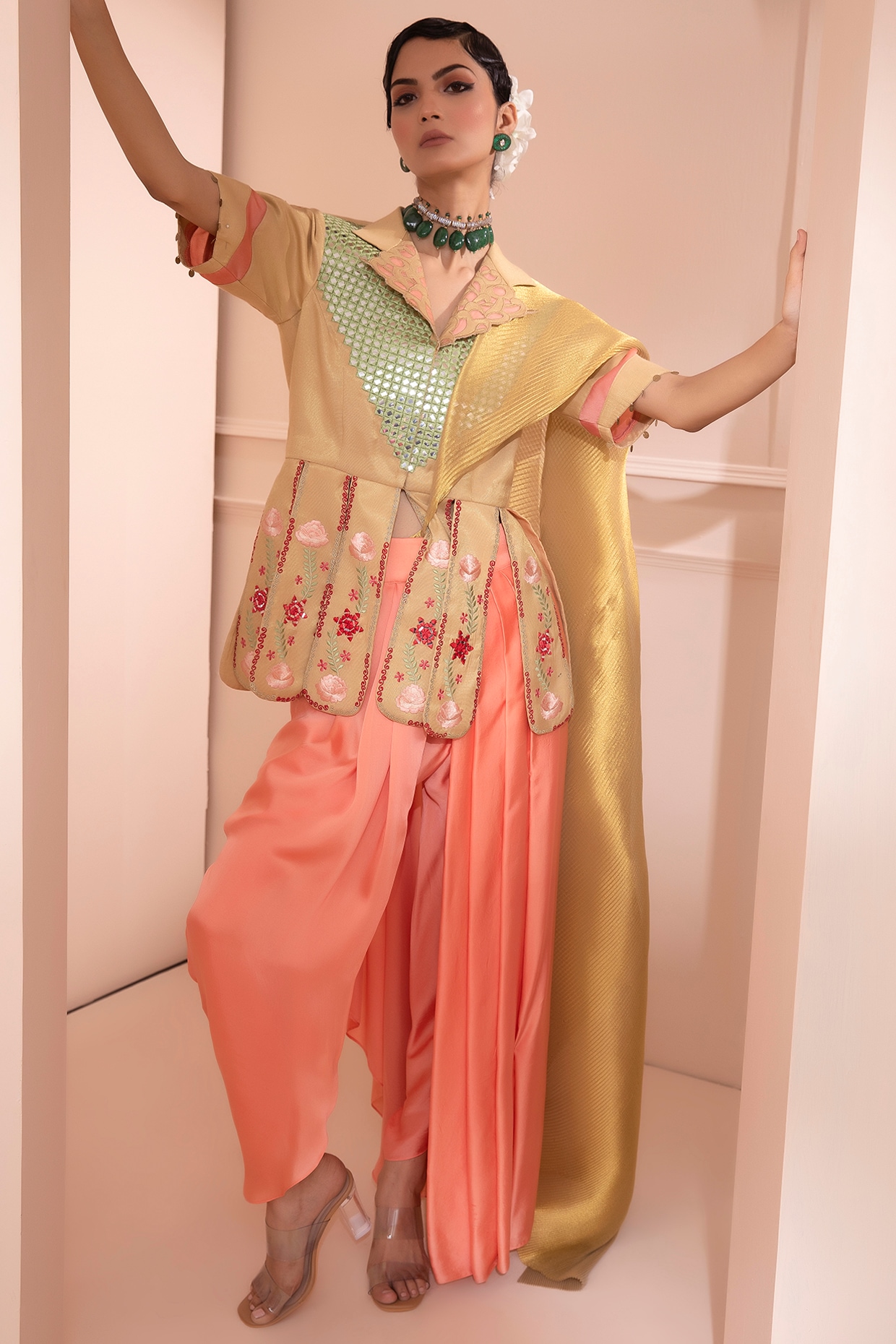 Buy Global Desi Pink Butti Dhoti Saree Without Blouse online