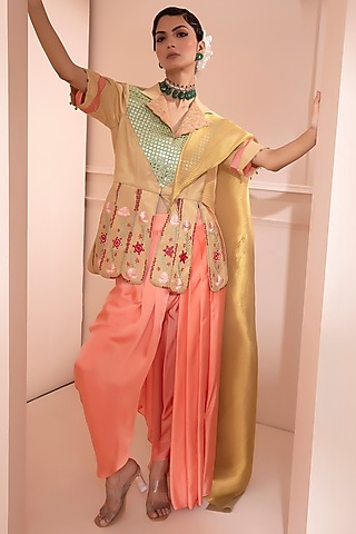 Peach & Gold Pleated Sheer Dhoti Saree Set by Design O Stitch