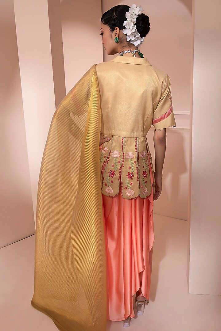 Peach & Gold Pleated Sheer Dhoti Wedding Saree Set by Design O Stitch at Pernia's Pop Up Shop