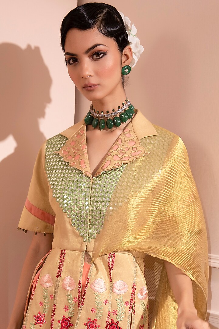 Peach & Gold Pleated Sheer Dhoti Wedding Saree Set by Design O Stitch at Pernia's Pop Up Shop