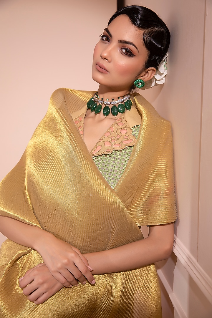 Peach & Gold Pleated Sheer Dhoti Wedding Saree Set by Design O Stitch at Pernia's Pop Up Shop