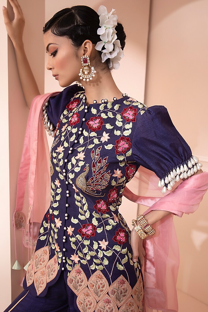 Blue Silk Wedding Sharara Set by Design O Stitch at Pernia's Pop Up Shop