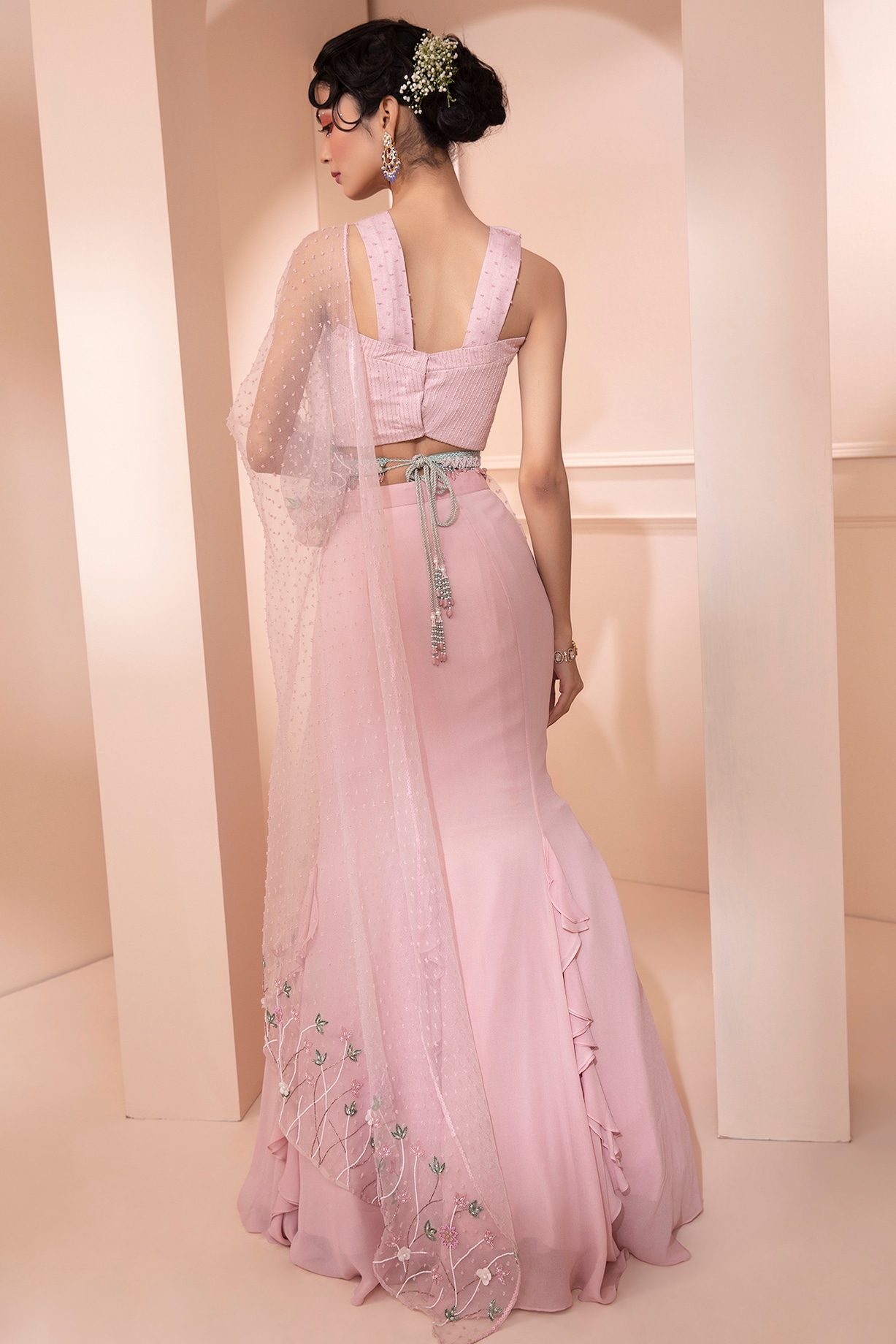 Pink Viscose Crepe Georgette Pearl Embellished Pleated Fish-Cut Gown Design  by Parshya at Pernia's Pop Up Shop 2024