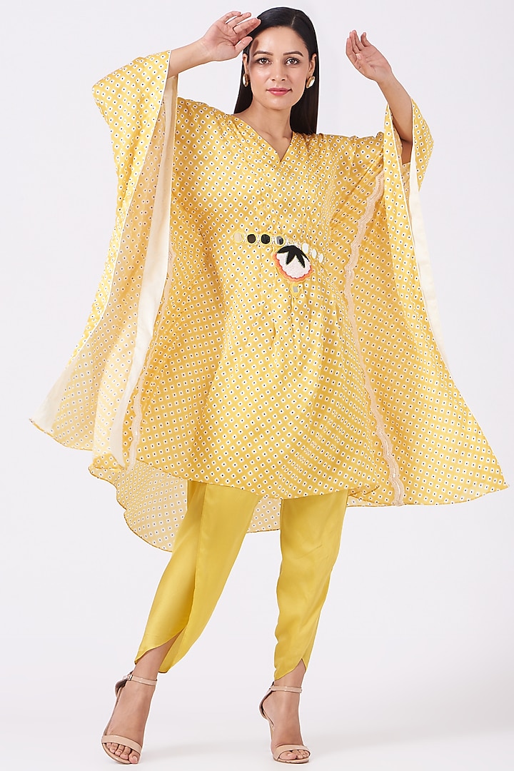 Yellow Hand Embroidered Kaftan Set by Design O Stitch