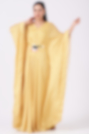 Yellow Printed Satin Kaftan With Belt by Design O Stitch at Pernia's Pop Up Shop