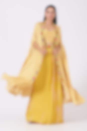Yellow Hand Embroidered Cape Set by Design O Stitch