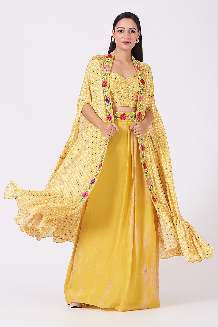 Yellow Hand Embroidered Cape Set by Design O Stitch