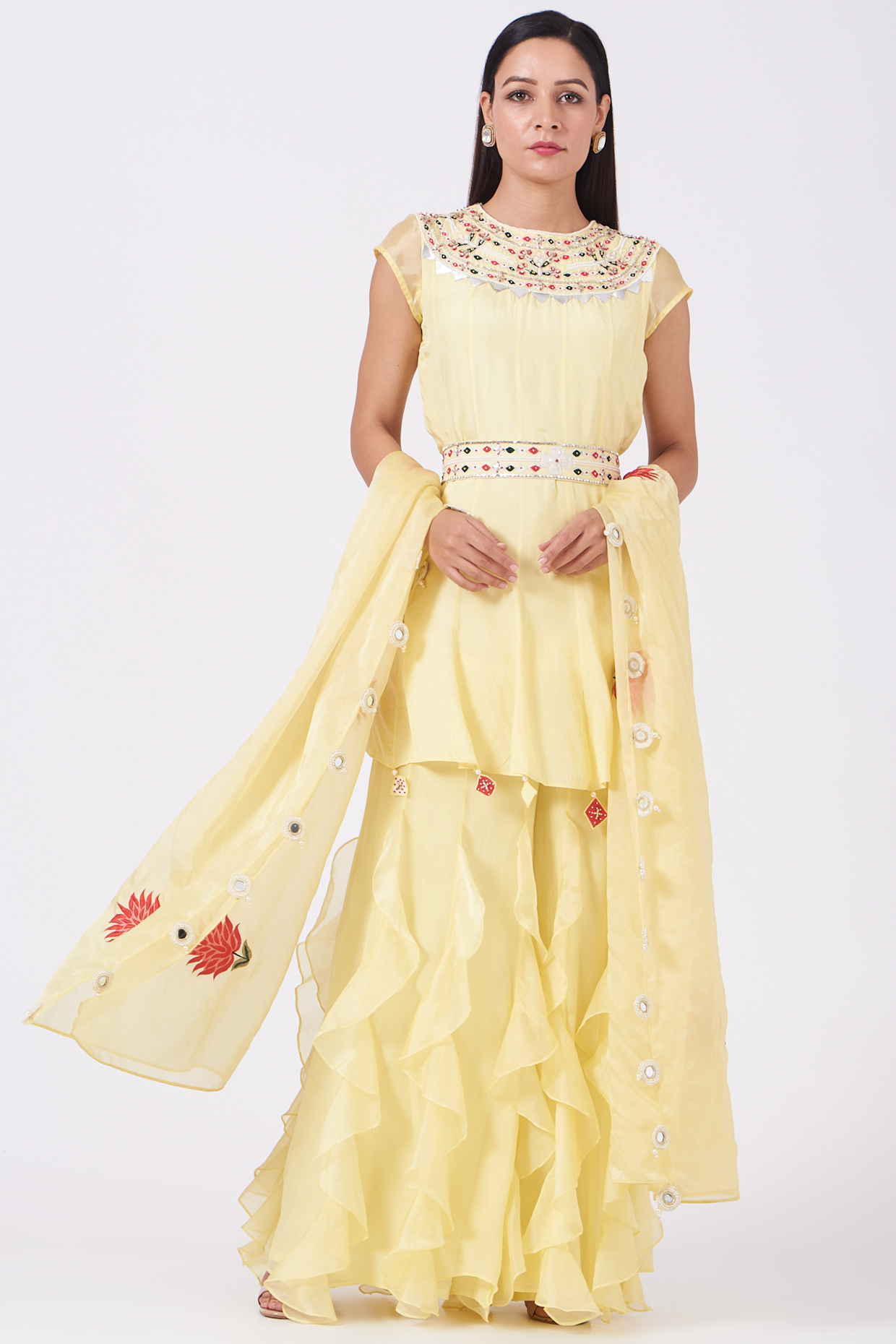 Cream Yellow Embroidered Wedding Sharara Set by Design O Stitch at Pernia's Pop Up Shop