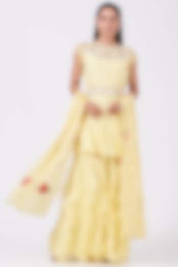 Cream Yellow Embroidered Sharara Set by Design O Stitch