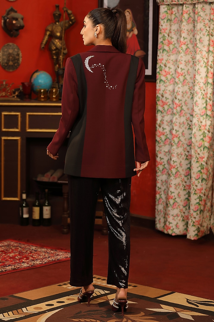 Maroon Suiting Glass Beads Embroidered Blazer Set by Design O Stitch at Pernia's Pop Up Shop