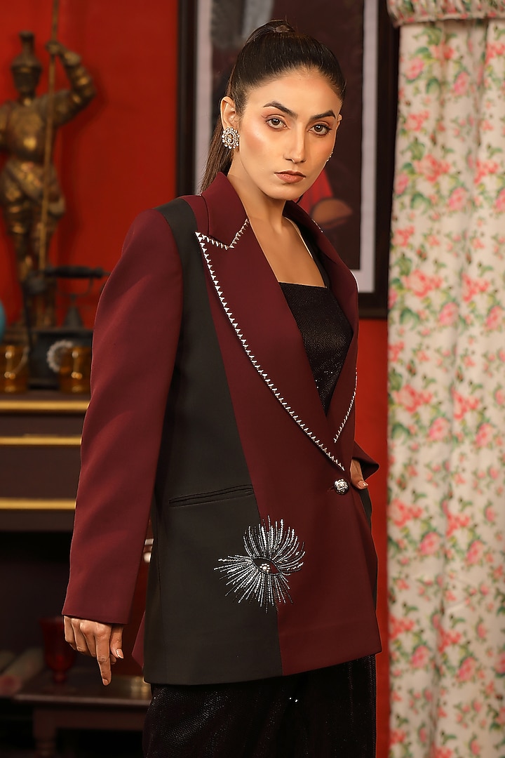 Maroon Suiting Glass Beads Embroidered Blazer Set by Design O Stitch at Pernia's Pop Up Shop