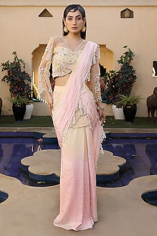 Light Pink Ombre Brasso Georgette Pearl Embroidered Draped Saree Set by Design O Stitch