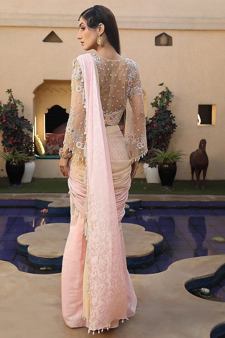 Light Pink Ombre Brasso Georgette Pearl Embroidered Draped Wedding Saree Set by Design O Stitch at Pernia's Pop Up Shop