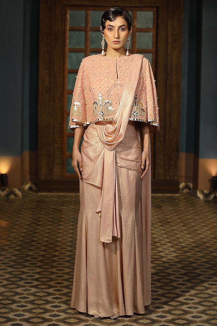 Dark Peach Embossed Satin Draped Saree Set by Design O Stitch at Pernia's Pop Up Shop