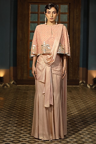 Dark Peach Embossed Satin Draped Saree Set by Design O Stitch