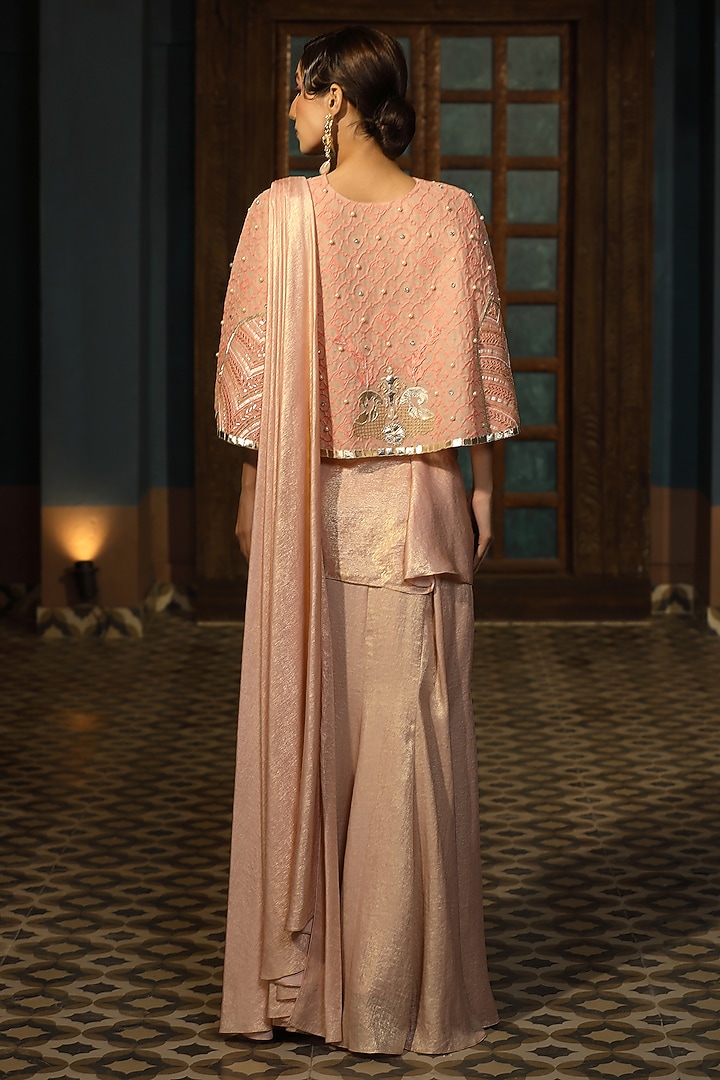 Dark Peach Embossed Satin Draped Wedding Saree Set by Design O Stitch at Pernia's Pop Up Shop