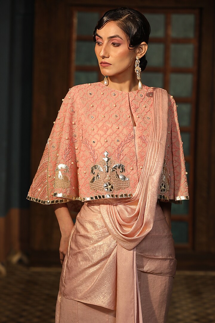 Dark Peach Embossed Satin Draped Wedding Saree Set by Design O Stitch at Pernia's Pop Up Shop