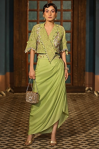 Pista Green Silk Draped Skirt Set by Design O Stitch